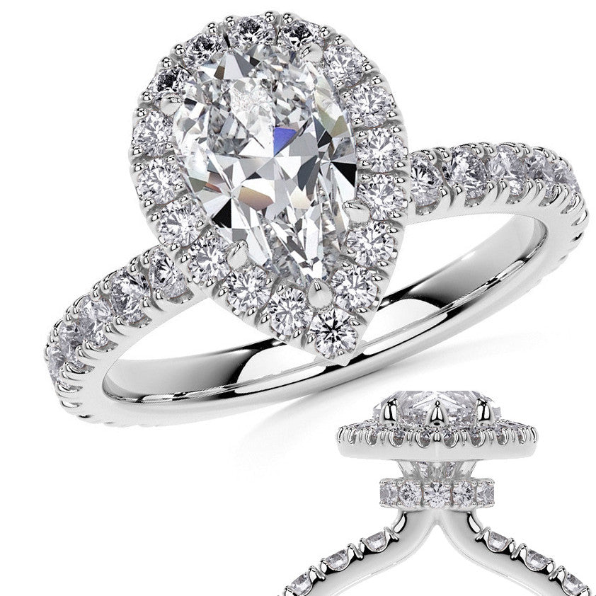 Pear Halo Moissanite Engagement Ring with Hidden Collar