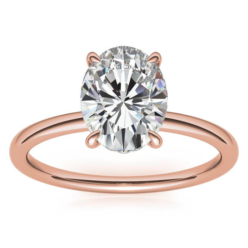 Oval Moissanite Solitaire Ring with Hidden Halo and Plain Band