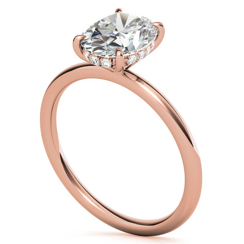 Oval Moissanite Solitaire Ring with Hidden Halo and Plain Band