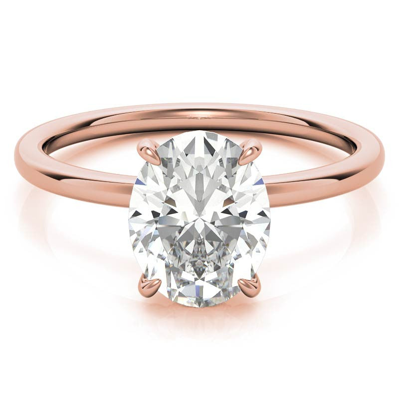 Oval Moissanite Solitaire Ring with Hidden Halo and Plain Band