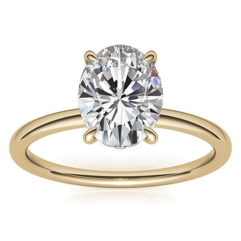 Oval Moissanite Solitaire Ring with Hidden Halo and Plain Band