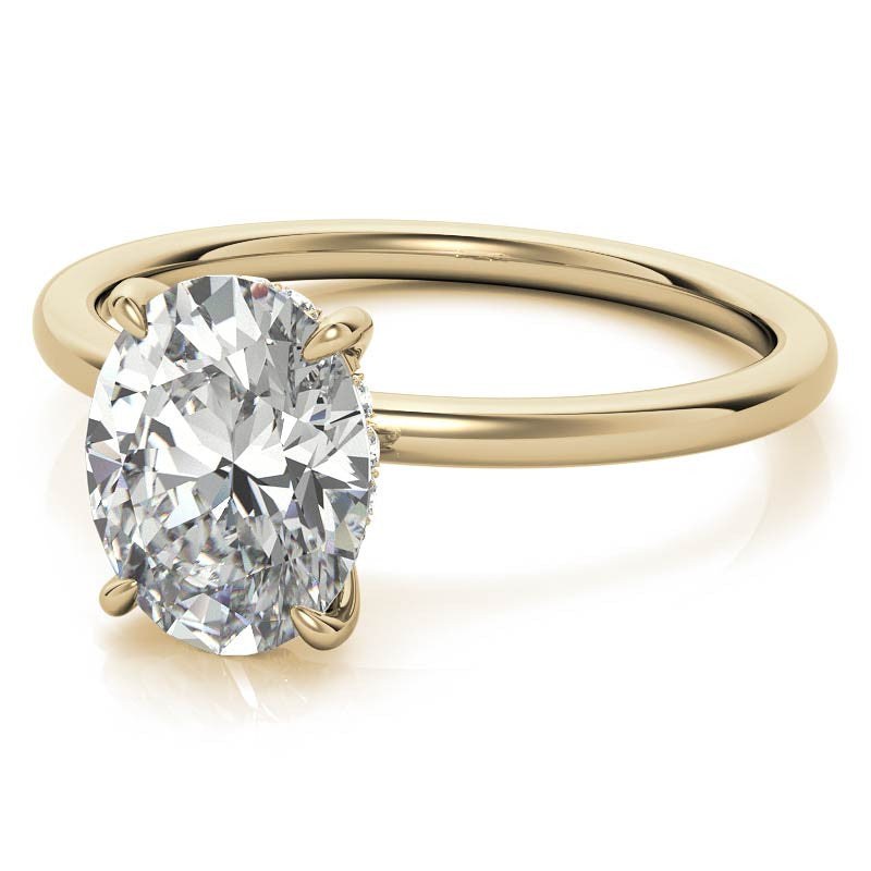 Oval Moissanite Solitaire Ring with Hidden Halo and Plain Band
