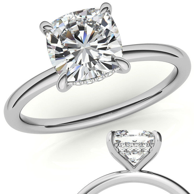 Cushion Moissanite Solitaire Ring with Hidden Halo and Plain Band