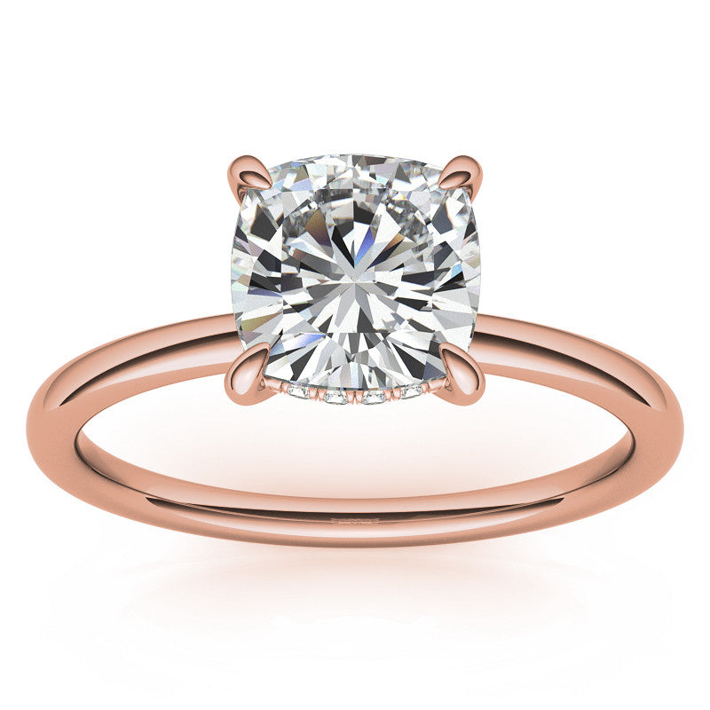 Cushion Moissanite Solitaire Ring with Hidden Halo and Plain Band