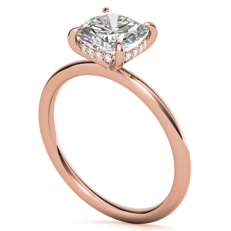 Cushion Moissanite Solitaire Ring with Hidden Halo and Plain Band