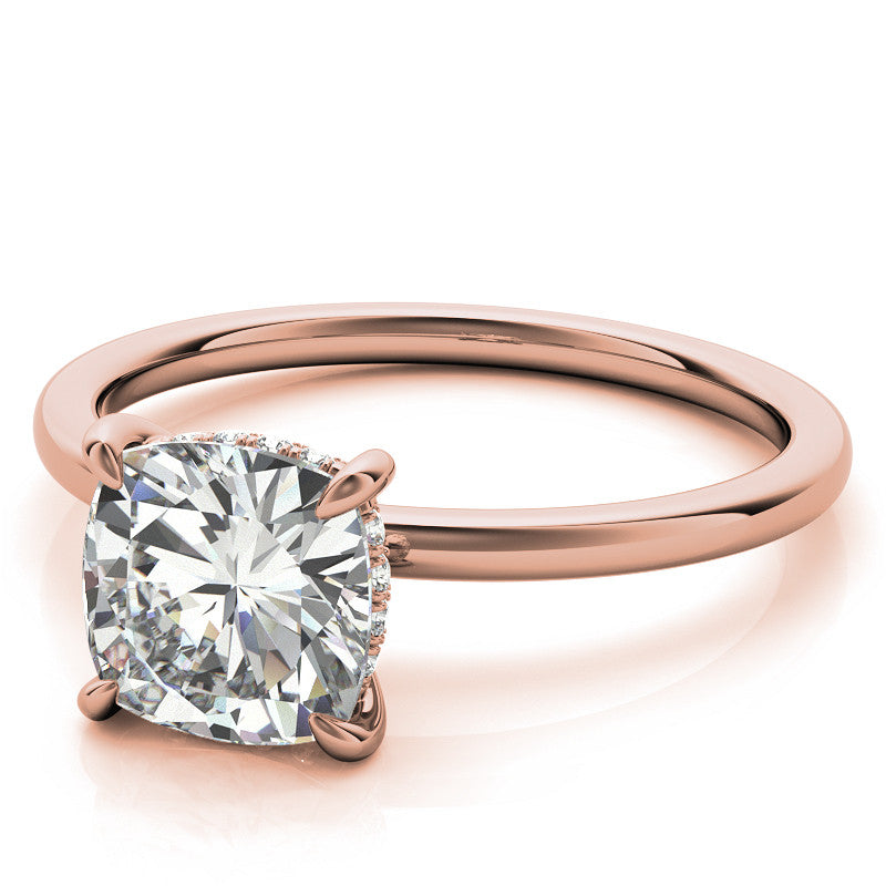 Cushion Moissanite Solitaire Ring with Hidden Halo and Plain Band