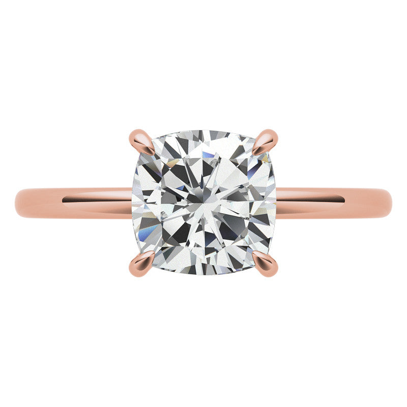 Cushion Moissanite Solitaire Ring with Hidden Halo and Plain Band