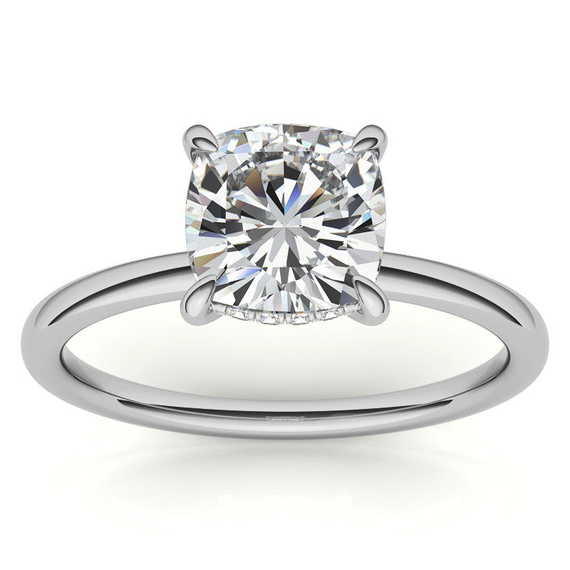Cushion Moissanite Solitaire Ring with Hidden Halo and Plain Band