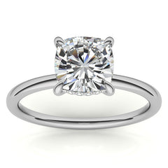 Cushion Moissanite Solitaire Ring with Hidden Halo and Plain Band
