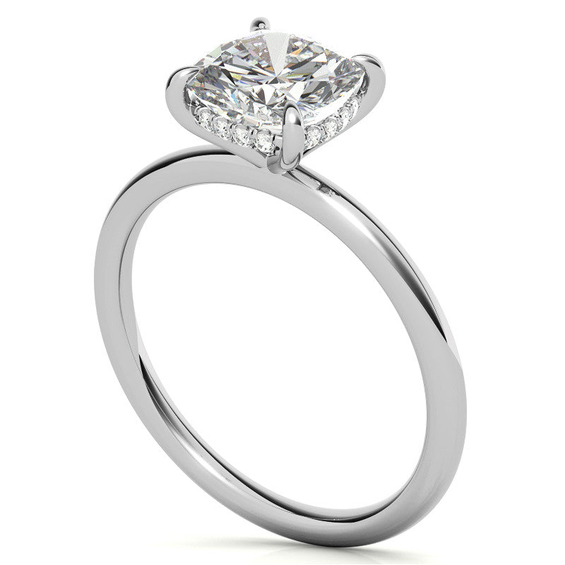 Cushion Moissanite Solitaire Ring with Hidden Halo and Plain Band