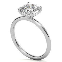 Cushion Moissanite Solitaire Ring with Hidden Halo and Plain Band