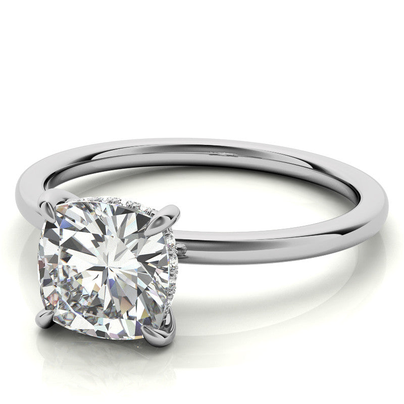 Cushion Moissanite Solitaire Ring with Hidden Halo and Plain Band