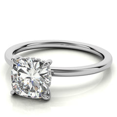 Cushion Moissanite Solitaire Ring with Hidden Halo and Plain Band