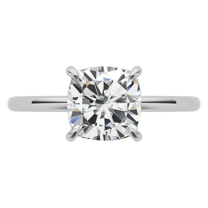 Cushion Moissanite Solitaire Ring with Hidden Halo and Plain Band