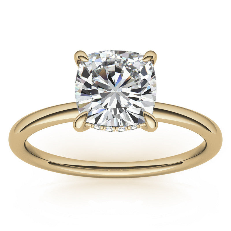 Cushion Moissanite Solitaire Ring with Hidden Halo and Plain Band