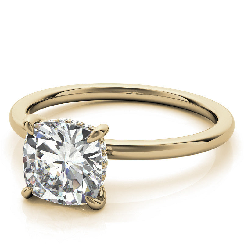 Cushion Moissanite Solitaire Ring with Hidden Halo and Plain Band