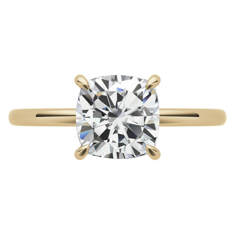 Cushion Moissanite Solitaire Ring with Hidden Halo and Plain Band