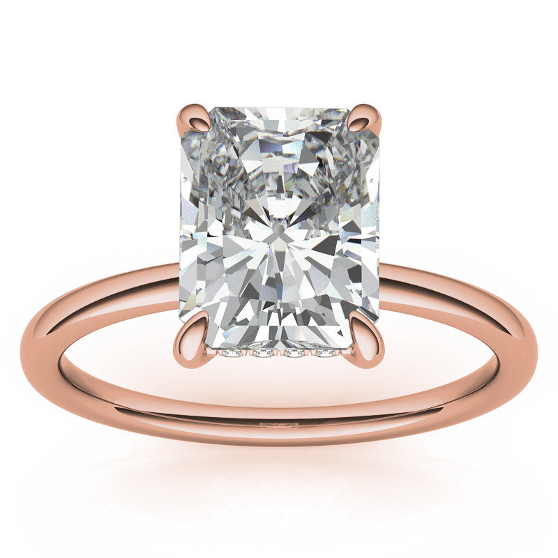 Emerald/Radiant Moissanite Solitaire Ring with Hidden Halo and Plain Band