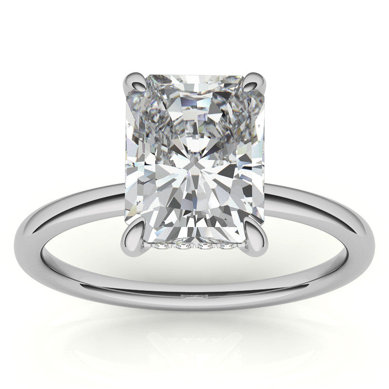 Emerald/Radiant Moissanite Solitaire Ring with Hidden Halo and Plain Band