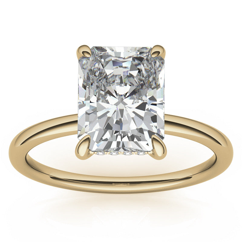 Emerald/Radiant Moissanite Solitaire Ring with Hidden Halo and Plain Band