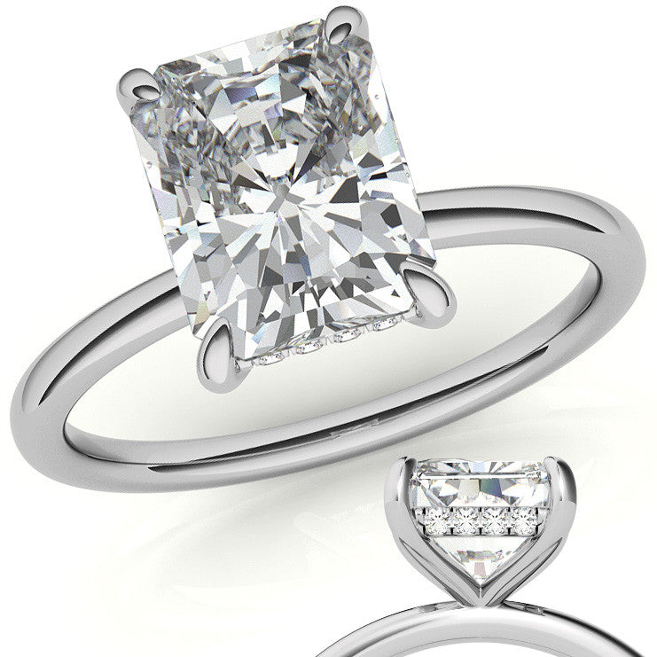 Emerald/Radiant Moissanite Solitaire Ring with Hidden Halo and Plain Band
