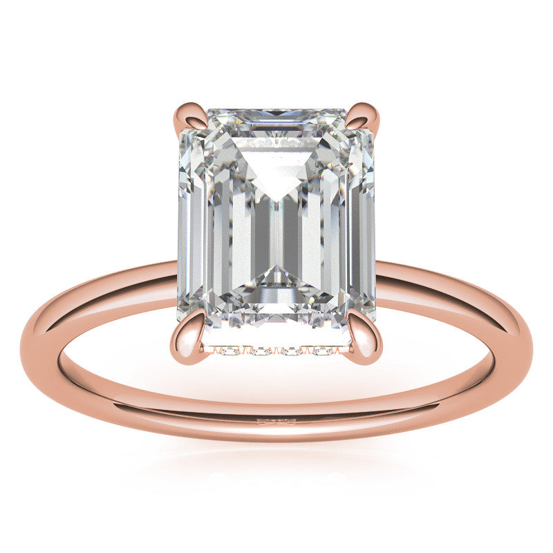 Emerald/Radiant Moissanite Solitaire Ring with Hidden Halo and Plain Band