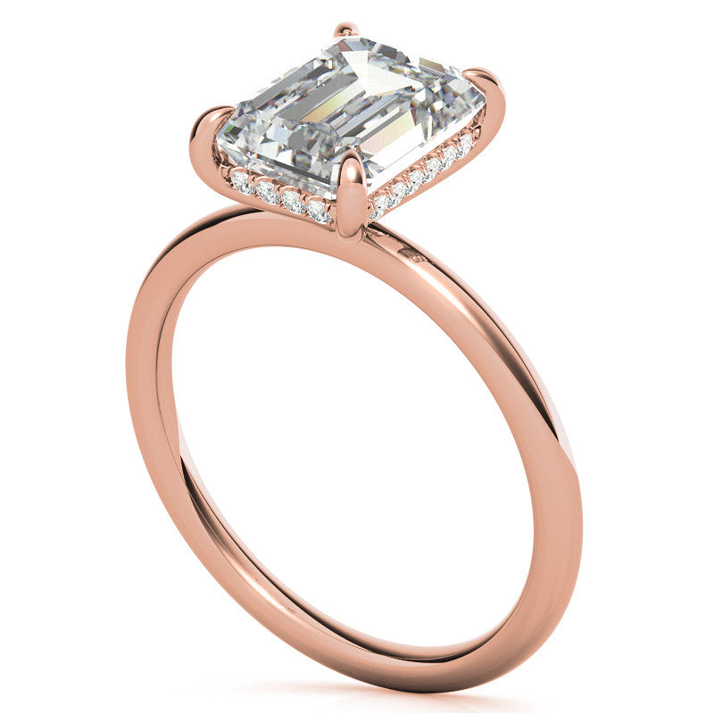 Emerald/Radiant Moissanite Solitaire Ring with Hidden Halo and Plain Band