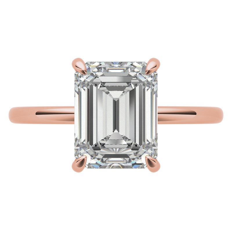 Emerald/Radiant Moissanite Solitaire Ring with Hidden Halo and Plain Band