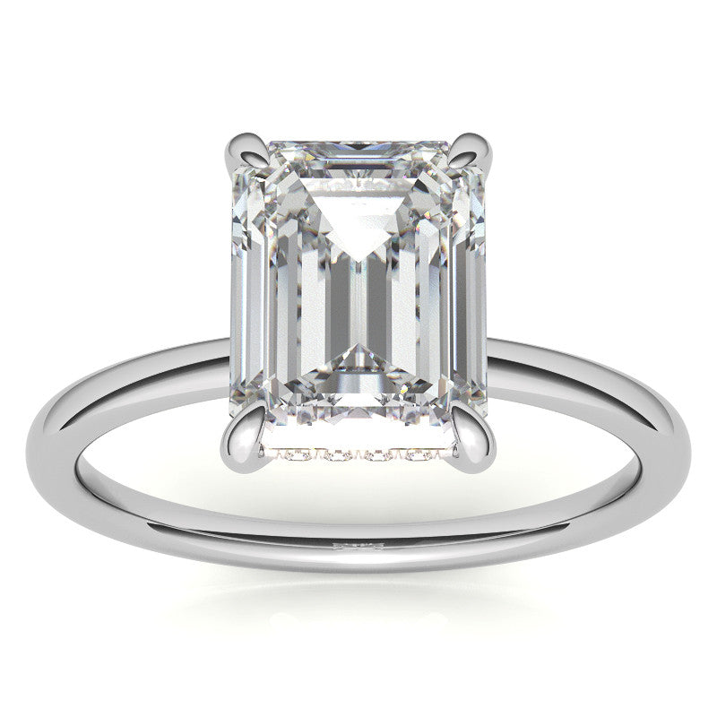 Emerald/Radiant Moissanite Solitaire Ring with Hidden Halo and Plain Band