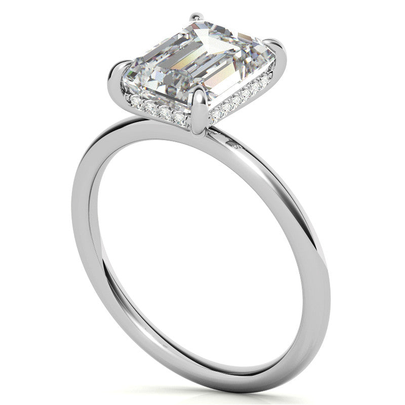 Emerald/Radiant Moissanite Solitaire Ring with Hidden Halo and Plain Band