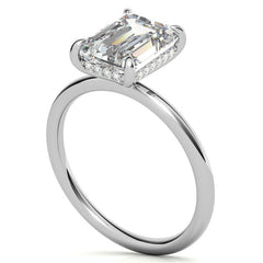 Emerald/Radiant Moissanite Solitaire Ring with Hidden Halo and Plain Band