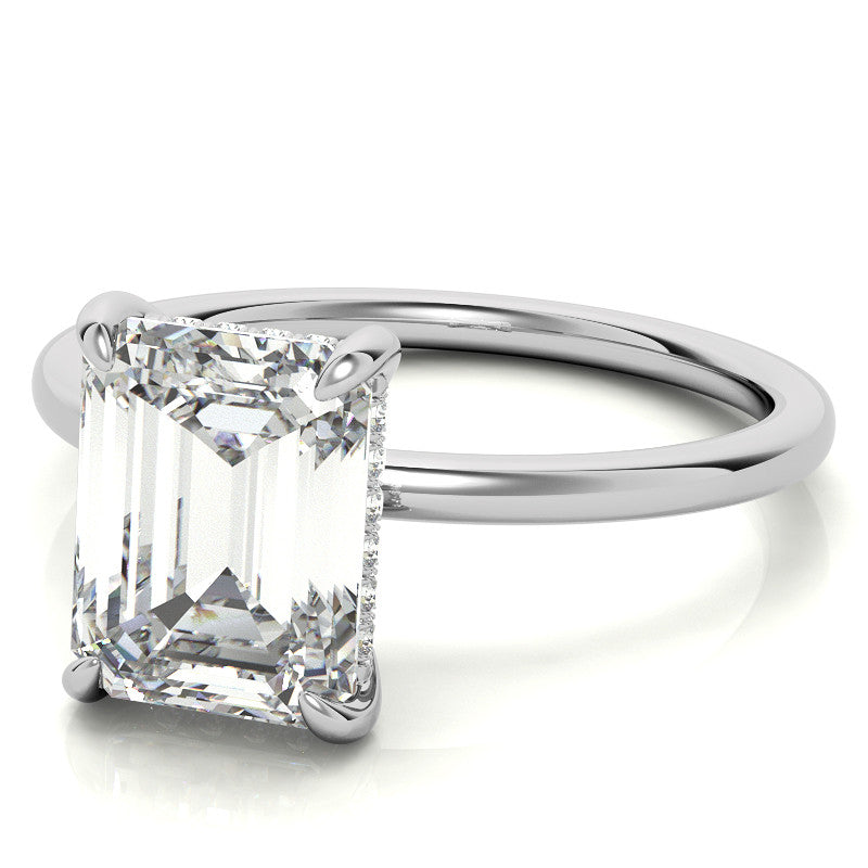 Emerald/Radiant Moissanite Solitaire Ring with Hidden Halo and Plain Band