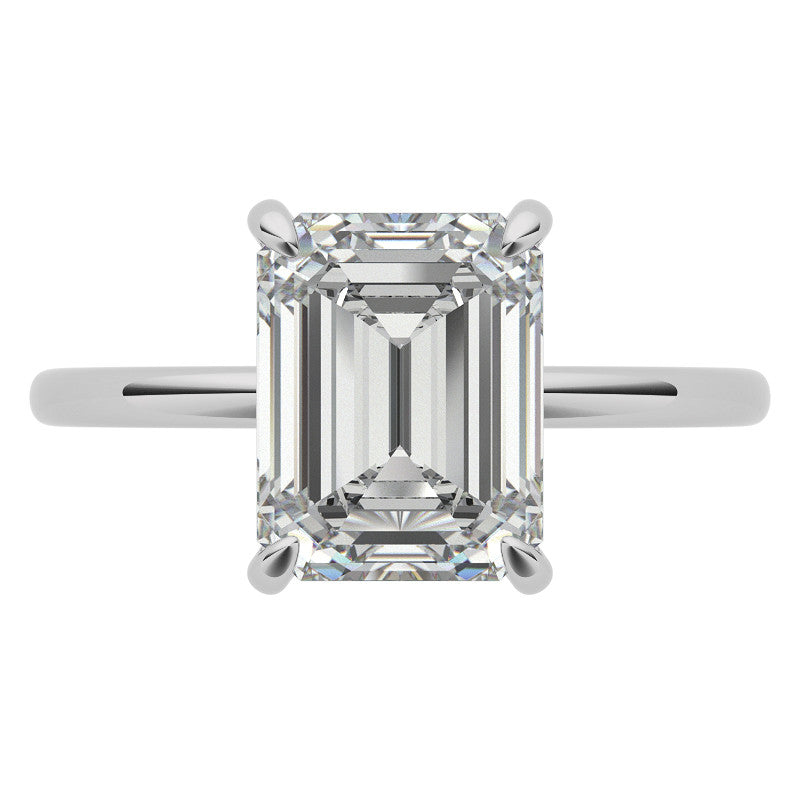 Emerald/Radiant Moissanite Solitaire Ring with Hidden Halo and Plain Band