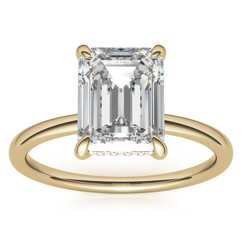 Emerald/Radiant Moissanite Solitaire Ring with Hidden Halo and Plain Band