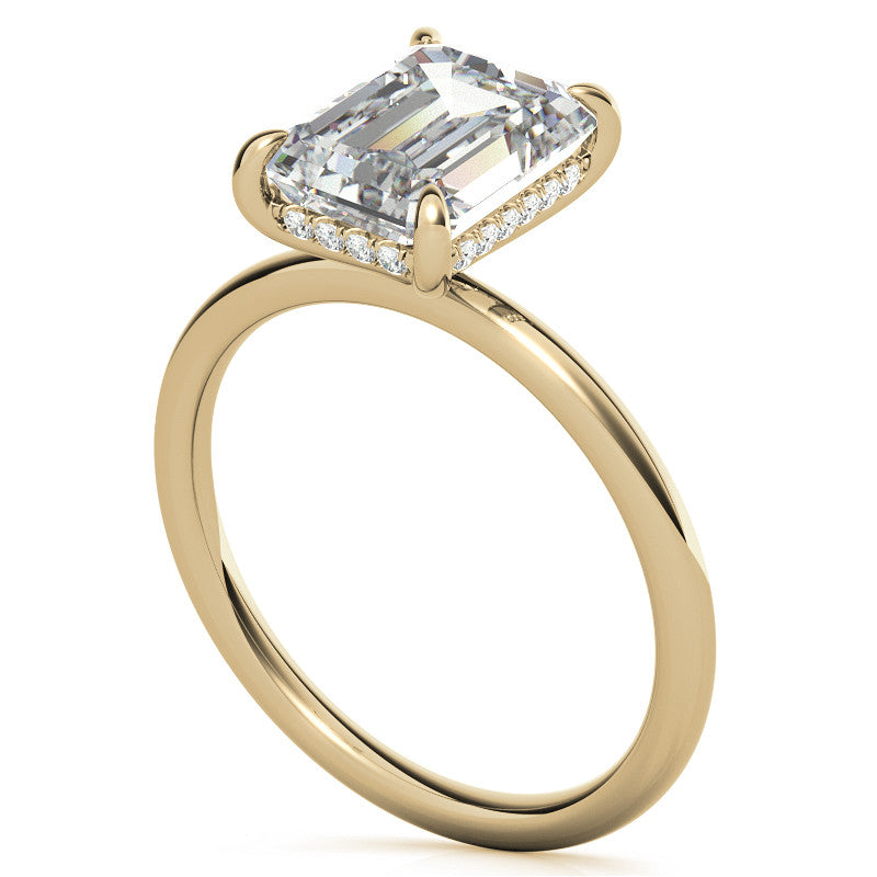 Emerald/Radiant Moissanite Solitaire Ring with Hidden Halo and Plain Band
