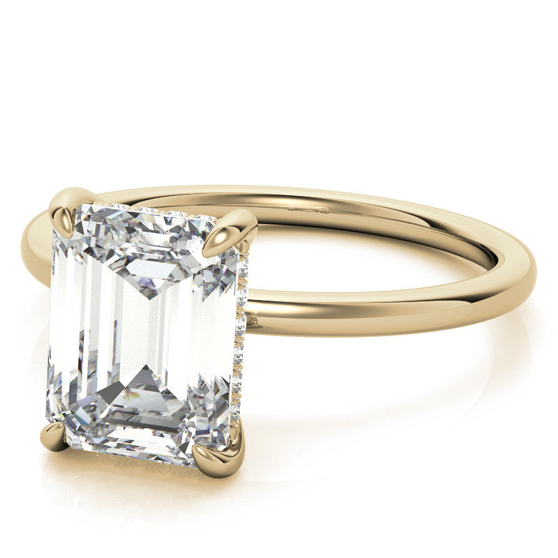 Emerald/Radiant Moissanite Solitaire Ring with Hidden Halo and Plain Band