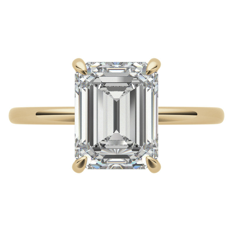 Emerald/Radiant Moissanite Solitaire Ring with Hidden Halo and Plain Band