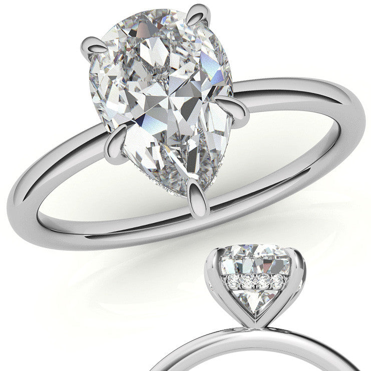 Pear Moissanite Solitaire Ring with Hidden Halo and Plain Band