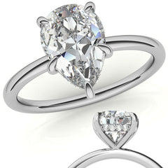Pear Moissanite Solitaire Ring with Hidden Halo and Plain Band