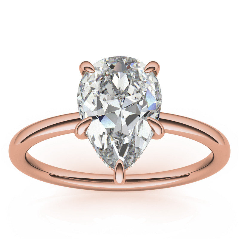Pear Moissanite Solitaire Ring with Hidden Halo and Plain Band