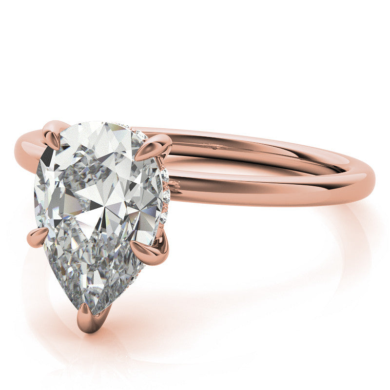 Pear Moissanite Solitaire Ring with Hidden Halo and Plain Band