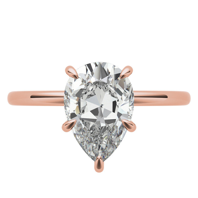 Pear Moissanite Solitaire Ring with Hidden Halo and Plain Band