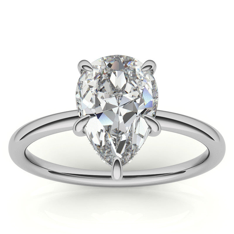 Pear Moissanite Solitaire Ring with Hidden Halo and Plain Band