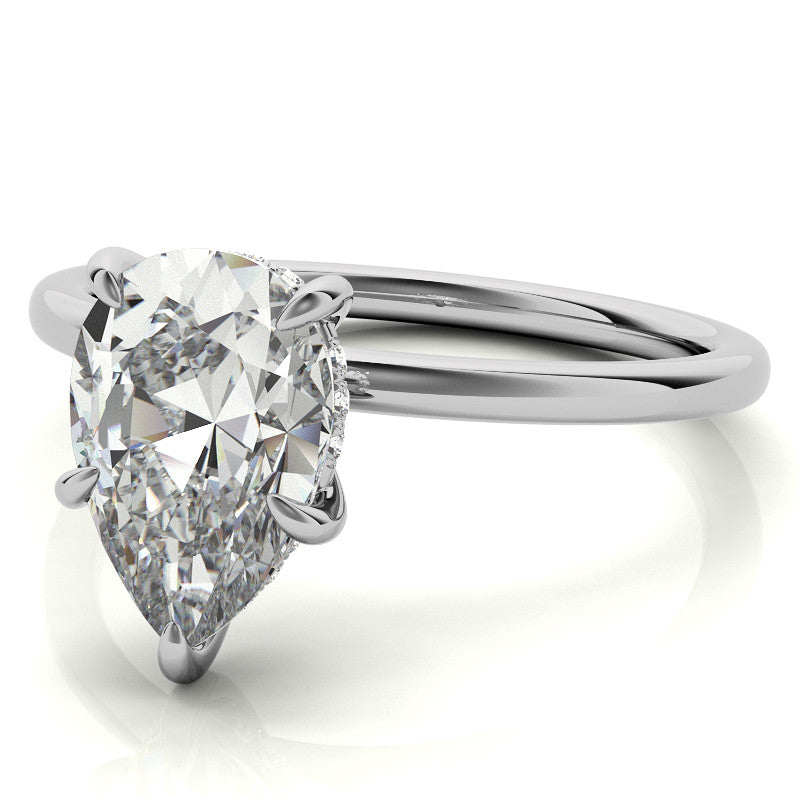Pear Moissanite Solitaire Ring with Hidden Halo and Plain Band