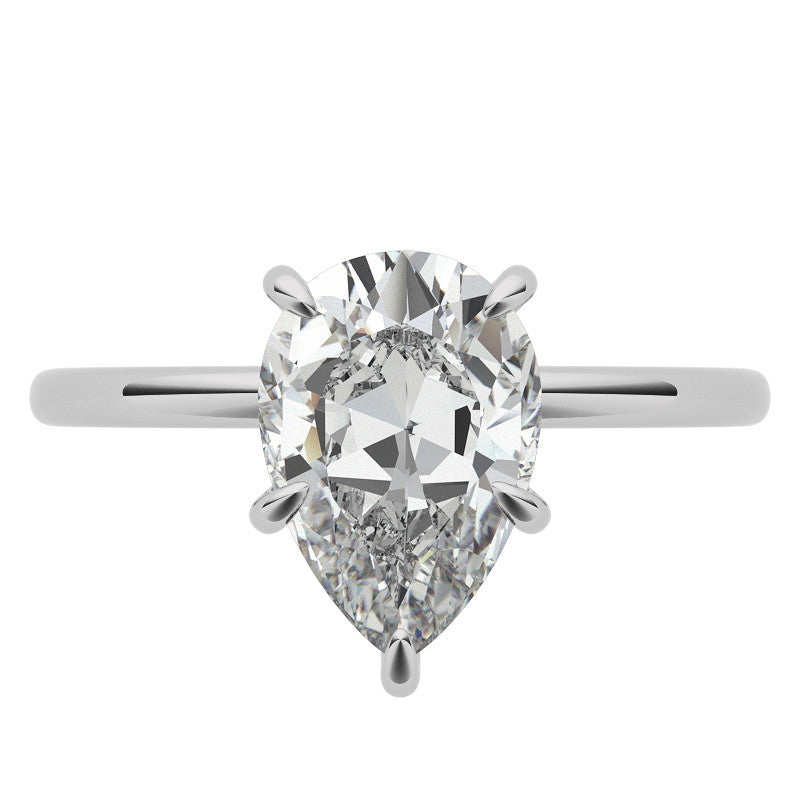 Pear Moissanite Solitaire Ring with Hidden Halo and Plain Band