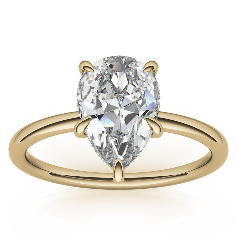 Pear Moissanite Solitaire Ring with Hidden Halo and Plain Band