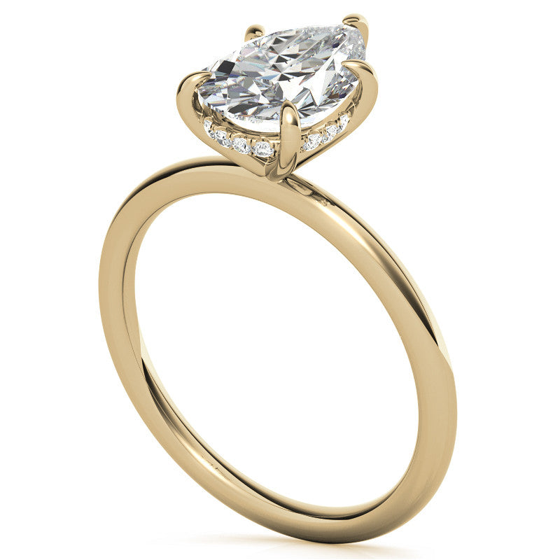 Pear Moissanite Solitaire Ring with Hidden Halo and Plain Band