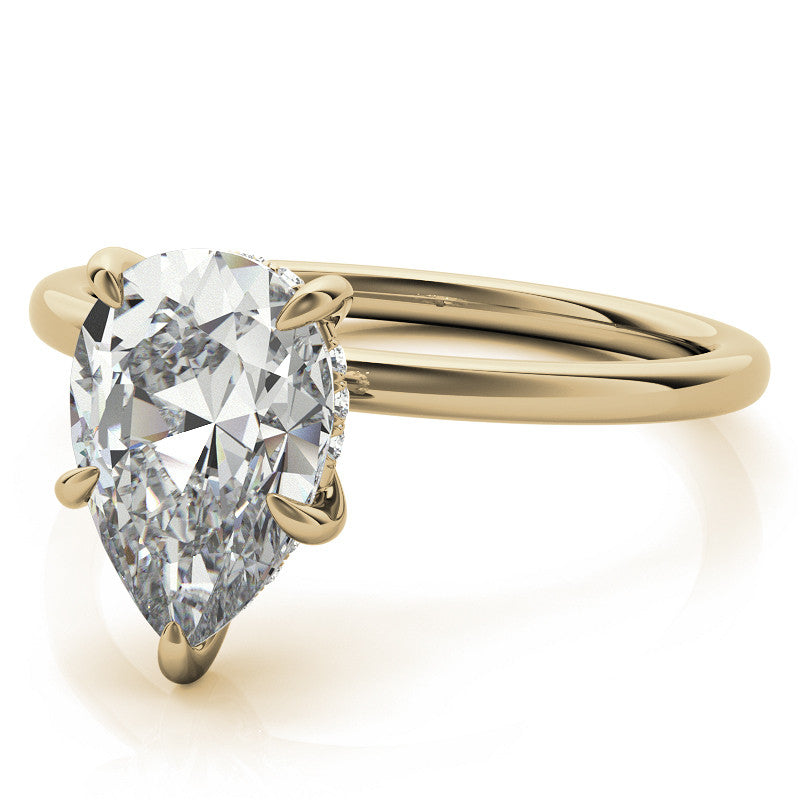 Pear Moissanite Solitaire Ring with Hidden Halo and Plain Band