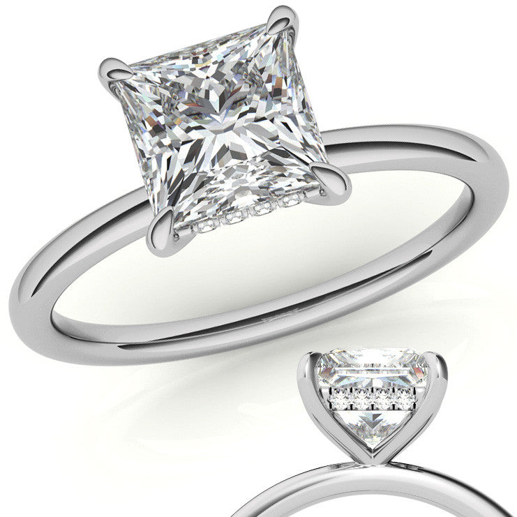 Princess Moissanite Solitaire Ring with Hidden Halo and Plain Band
