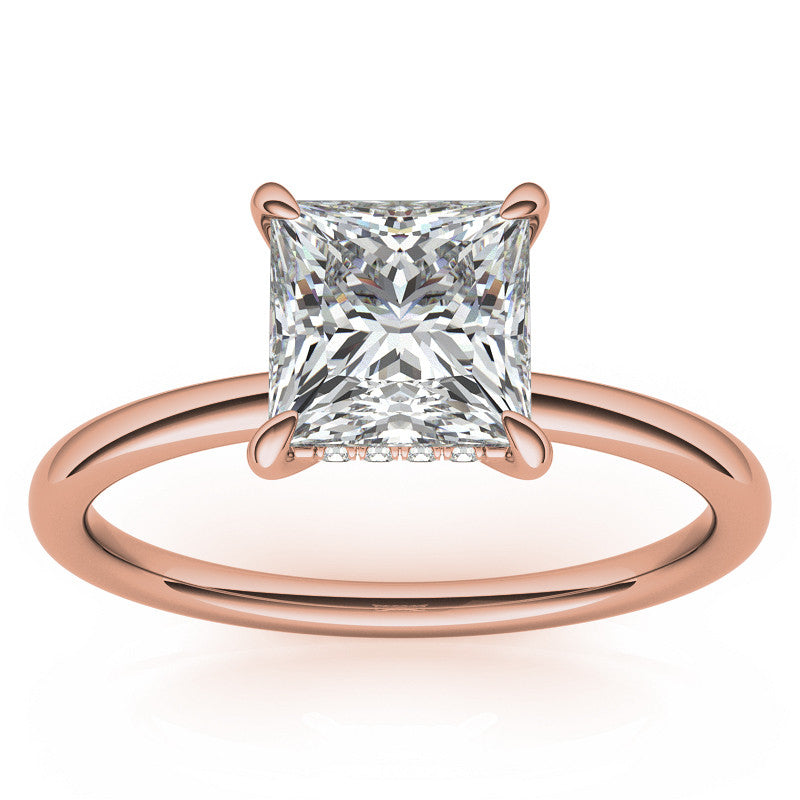Princess Moissanite Solitaire Ring with Hidden Halo and Plain Band